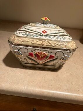 Decorative Floral Covered Trinket Box - Cream with Red & Gold Accents